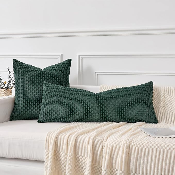 Kevin Textile 20x54 Inch Long Body Lumbar 1 Pack Boho Decorative Throw Pillow Cover Soft Striped Corduroy Rectangle Cushion Case Farmhouse Accent for Living Room Couch Sofa Bed, Army Green