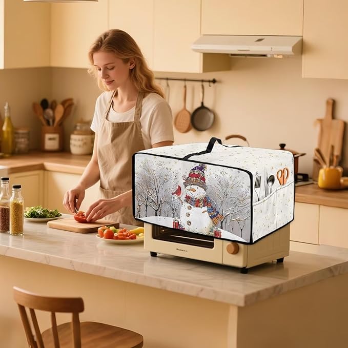 Christmas Air Fryer Toaster Oven Dust Cover Dustproof Convection Oven Cover with Pockets for Small Kitchen Appliances, L, 18.5 x 22.5 x 13 Inches, Snowman Cardinal Bird Tree Star White