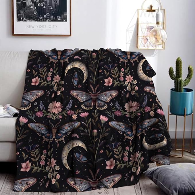 Moon Moth Throw Blanket 40"x50" Soft Cozy Lightweight Flannel,Mystical Night Garden Botanical Celestial Blankets Gifts for Women Gothic Witchy Blanekts for Couch Office Travel Home Decor