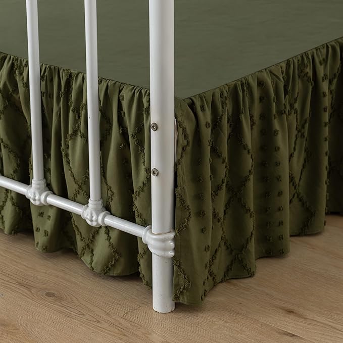 Bed Skirt Full Size Ruffled Bed Skirt with Split Corners, 12 Inch Drop Dust Ruffle Bed Skirts with Platform, Boho Tufted Shabby Chic Full Size Bed Skirts, Olive Green