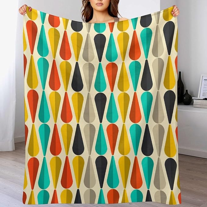 Mid Century Throw Blanket, Modern Drop Shape Retro Colors Boho Orange Teal Black Geometric Pattern Throws Blankets for aby Toddler Dog Cat 50"x60"