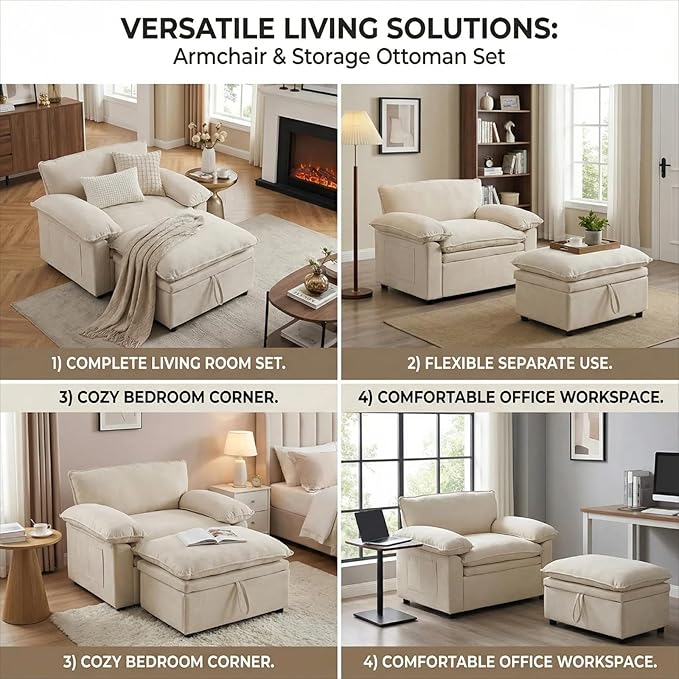 Furnimart Super Plush Cloud Chair with Storage Ottoman, Oversized Chaise Lounge Chair, Thick Chenille Cushions, Pillow Armrest & Storage, for Living Room, Bedroom, Modern Comfort(Beige)