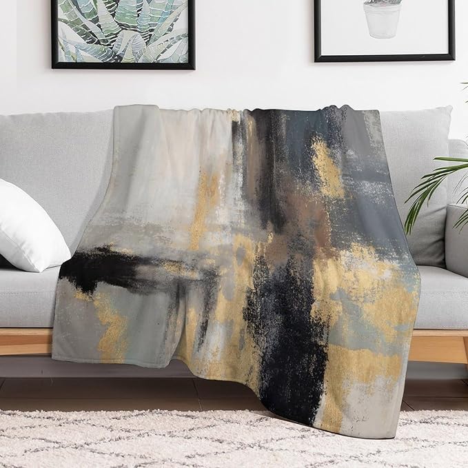Fashion Gradient Blanket, Modern Abstract Baroque Glod Grey Painting Strokes Pattern Soft Warm Cozy Plush Flannel Covers for Livingroom Bedroom Couch Chair Camping Travel Home Decor Tapestry 50x60in