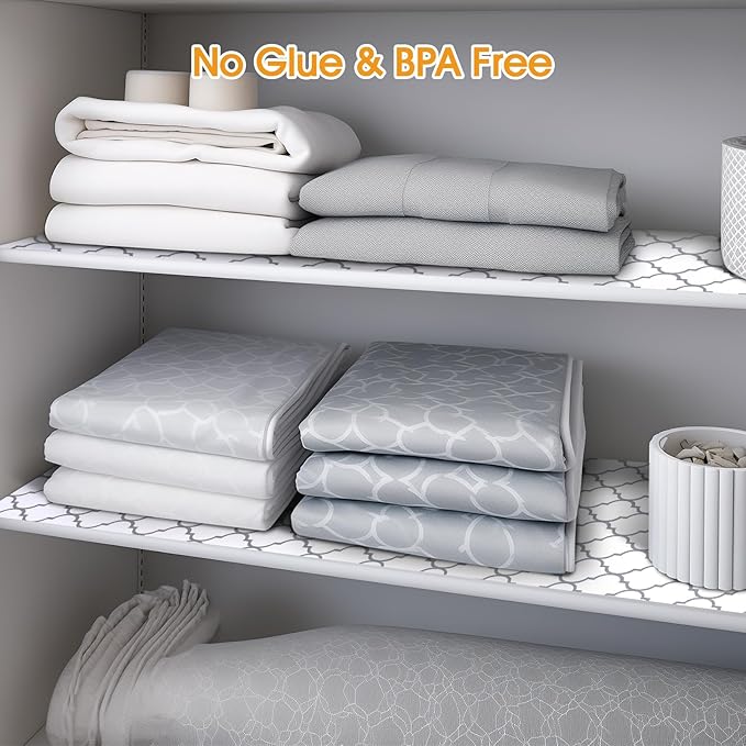 Shelf and Drawer Liner for Kitchen Cabinets Non-Adhesive, Strong Grip Non-Slip Thickened Cabinet Liners for Shelves, Waterproof Mats for Dresser Cupboard, White/Gray, 12 in x 20 Feet