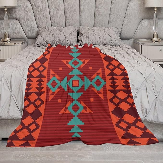 Aztec Throw Blanket, Red Native Southwestern Boho Blanket for Couch Bed Chair Outdoor Travel 40"x50"