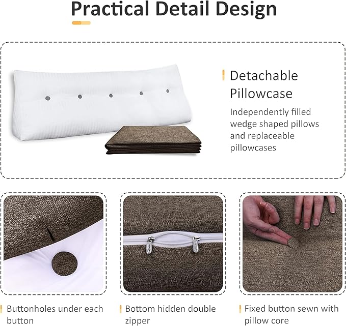 Wedge Headboard Pillow Dorm Room Reading Pillow Back Support for Sitting Up in Bed Bolster Lumbar Cushion Body Positioning Bedrest Cotton Linen 39in Coffee Twin