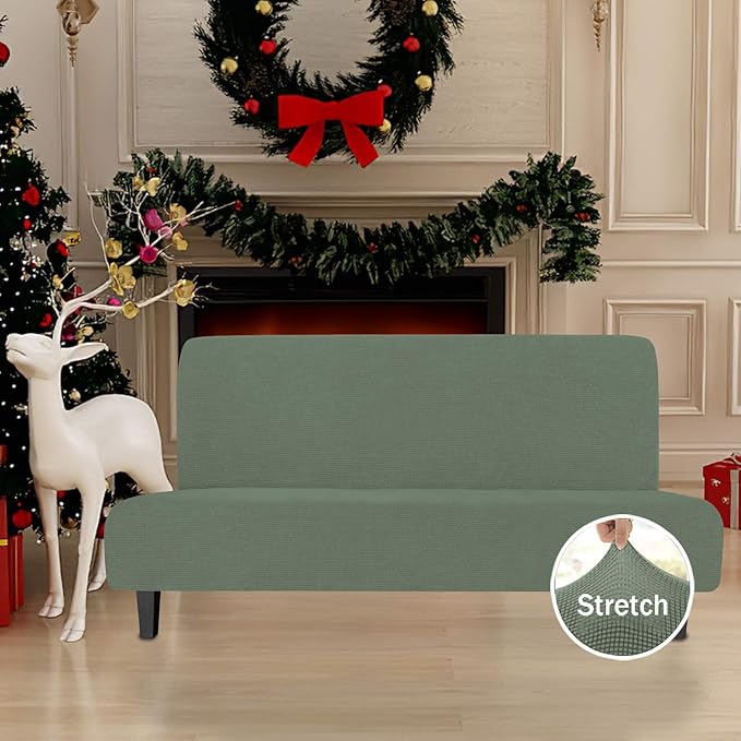 Easy-Going Stretch Futon Slipcover Armless Futon Bed Cover Furniture Protector Without Armrests with Elastic Bottom for Kids, Soft Jacquard Fabric Small Checks (Large, Greyish Green)