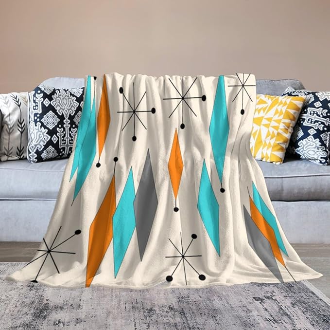 Mid Century Flannel Throw Blankets, Mid Century Modern Geometric Atomic Shapes Orange Retro Style Boho Print Blanket for Bed Couch Sofa Fuzzy Tv Throws 40"x50"