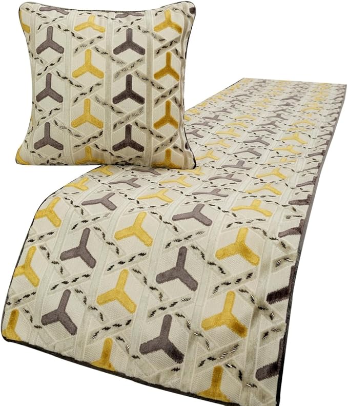 The HomeCentric King/Queen/Twin Grey & Yellow Designer Queen 74"x18" Bed Runner with Pillow Cover, Beaded Bed Scarf on Velvet Fabric - Tripod