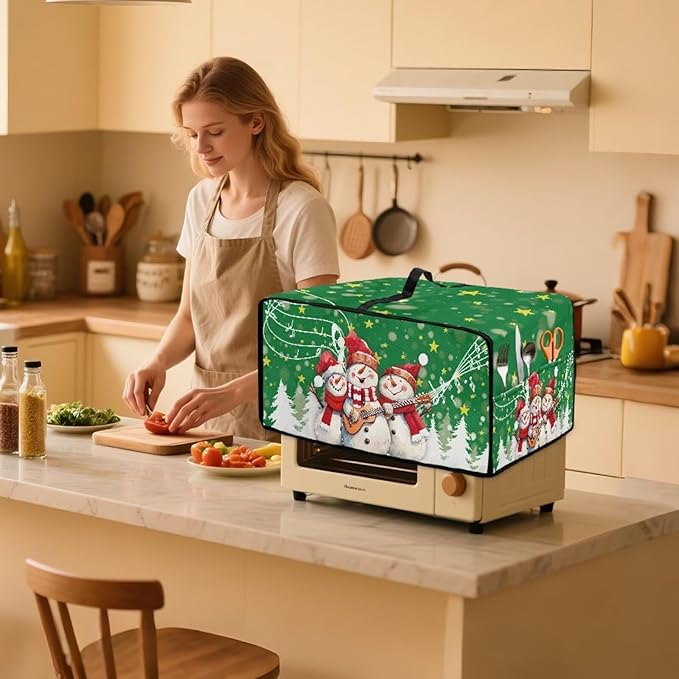 Air Fryer Toaster Oven Cover Fabric Convection Oven Cover with Pockets, Small Appliance Dust Protection for Christmas, M, 16.5 x 20.5 x 10 Inches, Snowman Guitar Musical Note Star Green