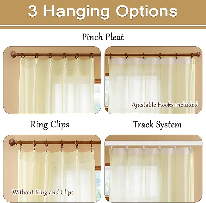 Beige Sheer Pinch Pleated Curtains 96 Inches Long for Bedroom Soft Touch Lightweight Light Filtering 8ft Length Pleated Drapes with Ajustable Hooks for Living Room, Beige, 42"W x 96"L, 2 Panels