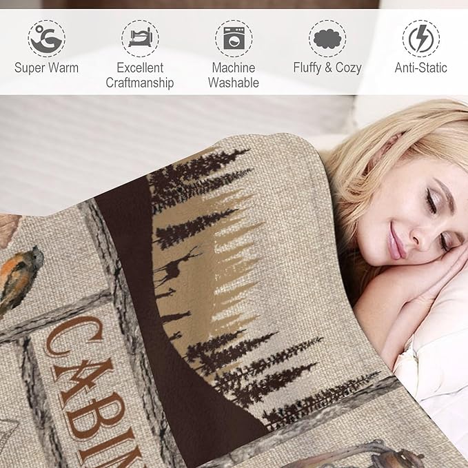 Rustic Cabin Bear Blanket, Lake Country Lodge Bear Deer Forest Farmhouse Camp Print Soft Warm Cozy Lightweight Decorative Blanket for Couch Bed Sofa Travel, 30"x40"