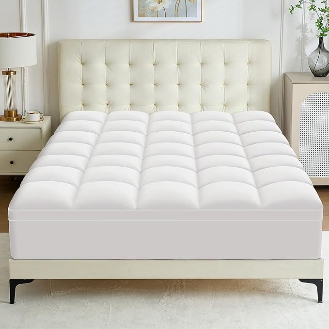 King Mattress Topper - Extra Thick Mattress Pad Cover - Pillow Top with Soft Breathable Spiral Fiber Filling, 8-21 Inch Deep Pocket, Cooling, White