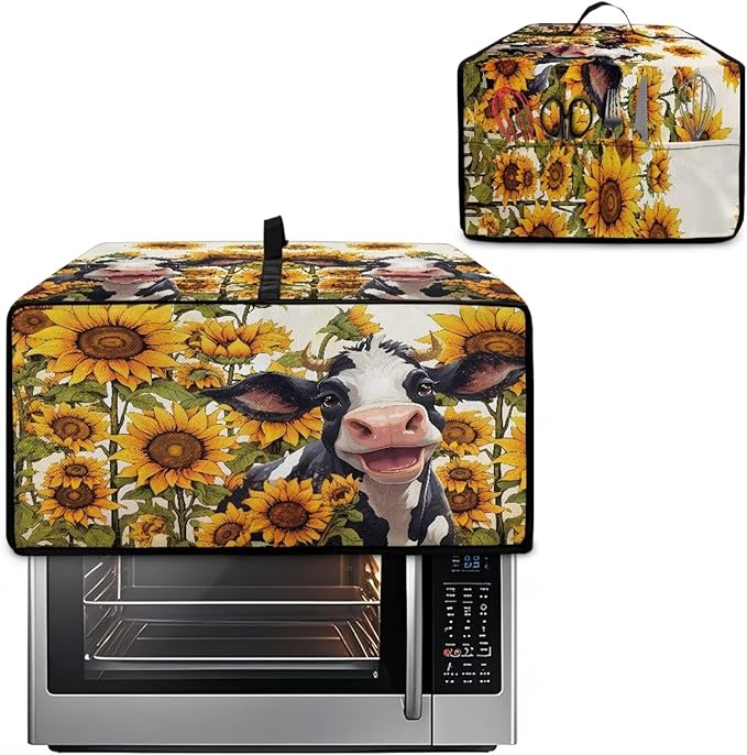 Countertop Convection Oven Cover Dust Protection Air Fryer Toaster Oven Covers with Side Pockets, for Home Kitchen Decor, M, 16.5 x 20.5 x 10 Inches, Cute Cow Sunflower