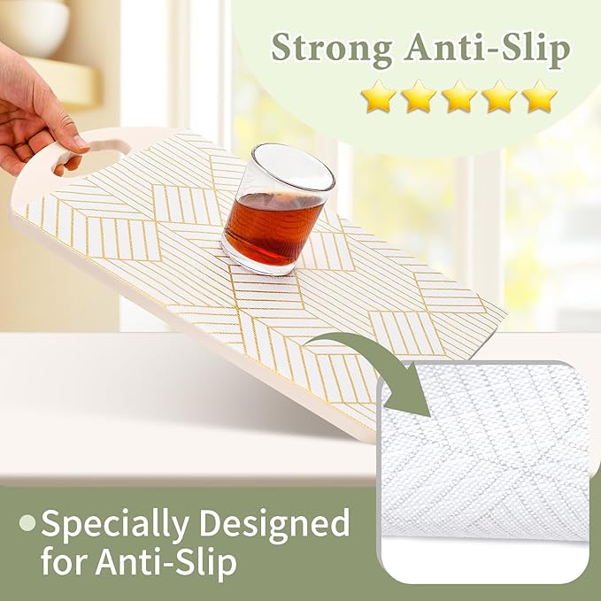 Shelf Liners for Kitchen Cabinets 17in x 40FT, Non Adhesive Cabinet Liner Strong Non-Slip Thickened Gold Geometric Drawer Liner, Easy to Clean for Shelf, Cabinet with Knife and Tape Measure