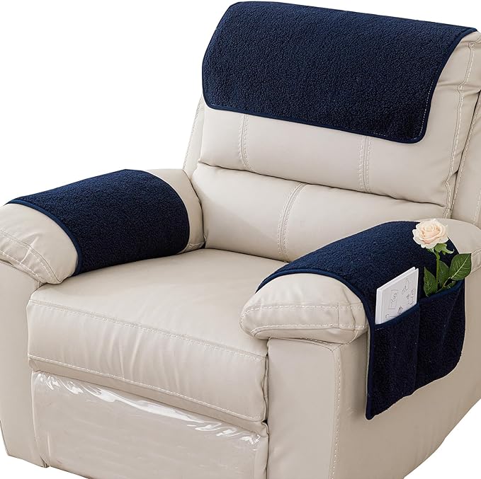 Armrest Cover, Recliner Chair Protector, Furniture Protector Slip, Side Storage Pocket, Stretch Armchair Couch Arm Rest Cover for Recliner, Chair, Sofa (Navy Blue,3 Seater(5pcs))