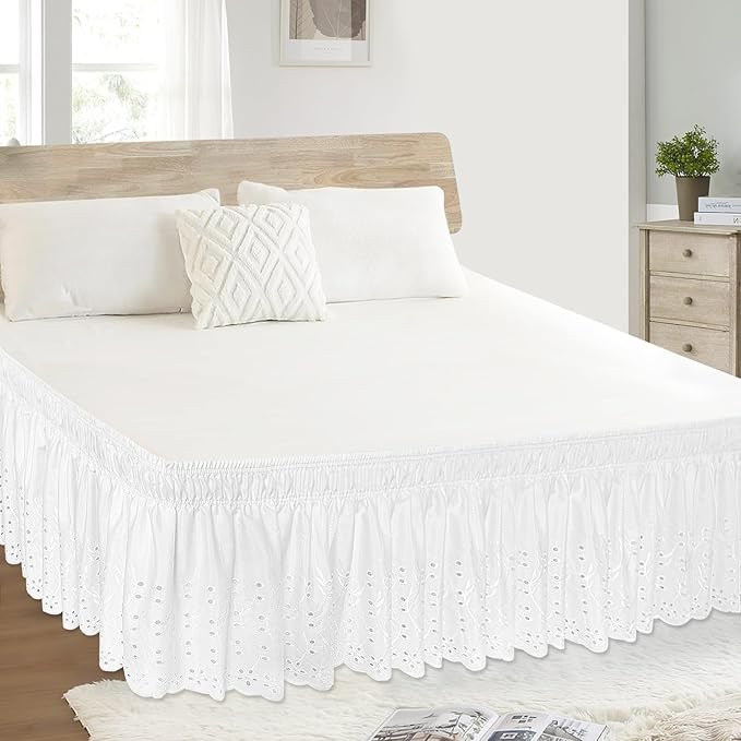 Twin Bed Skirt, Wrap-Around Elastic Ruffled Eyelet Bed Skirt Twin Size Dust Ruffle with Gathered Styling and Embroidered Details, 18" Drop Length (White)