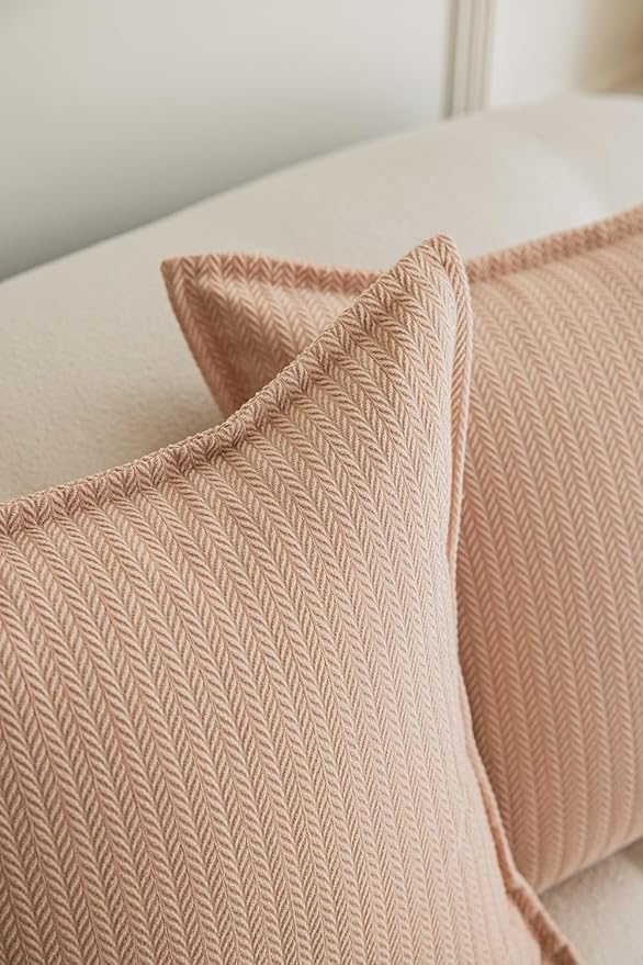Set of 2 Cozy Striped Herringbone Flange Throw Pillow Covers, Aesthetic Embossed Pattern Pillow Covers for Couch and Bed - 18"x18", Melon