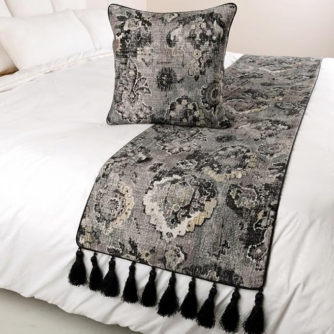 The HomeCentric Luxury Black & Grey Queen 74 x 18 inch Bed Runner with Pillow Cover, Velvet Damask with Tassels Bed Scarf, Abstract Modern - Paved Damask