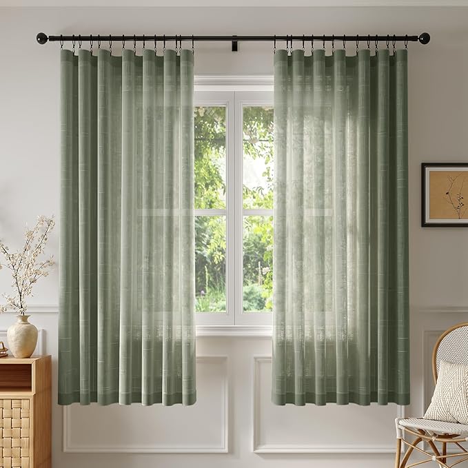 Anmao Natural Linen Curtains for Living Room 72 Inch Length 2 Panels Set, Light Filtering Semi Sheer Window Curtain Drapes for Bedroom with Curtain Rings and Clips, 52Wx72L, Olive Green