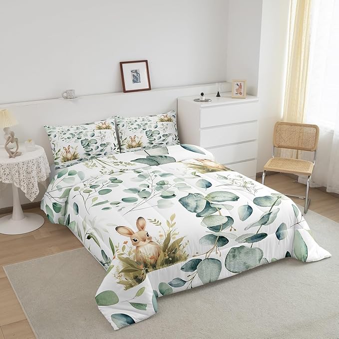 Erosebridal Girls Kawaii Animal Bedding King Size Cute Rabbit Comforter Set King, Cartoon Wildlife Duvet Insert Green Leaf Quilt Set, Spring Plant Bedding Comforters & Sets Child Kids Bedroom Decor