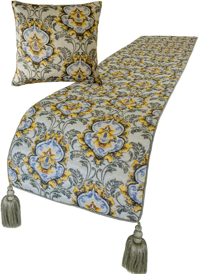 The HomeCentric King/Queen/Twin Grey Decorative CA King 86"x18" Bed Runner with 2 Pillow Cover, Quilted, Damask & Tassels Bed Scarf on Jacquard Fabric - Damask Blaze