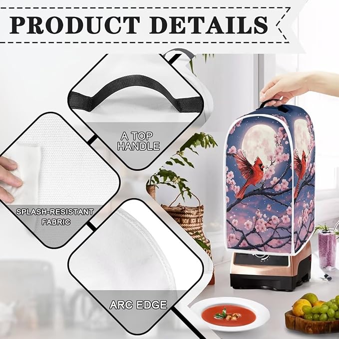 Talayituse Cardinal Cherry Blossom Moon Print Blender Dust Cover, Fingerprint Protection Cover for Stand Mixer or Coffee Machine, Home Kitchen Appliance Covers for Stain Dust Resistant Supplies