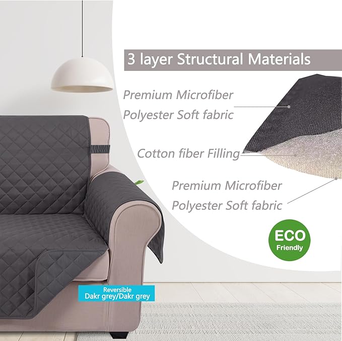 U-NICE HOME Loveseat Sofa Cover Reversible Couch Covers for 2 Cushion Couch for Dogs Furniture Protector Cover with Elastic Straps Water Resistant(Loveseat Small, Dark Grey/Dark Grey)