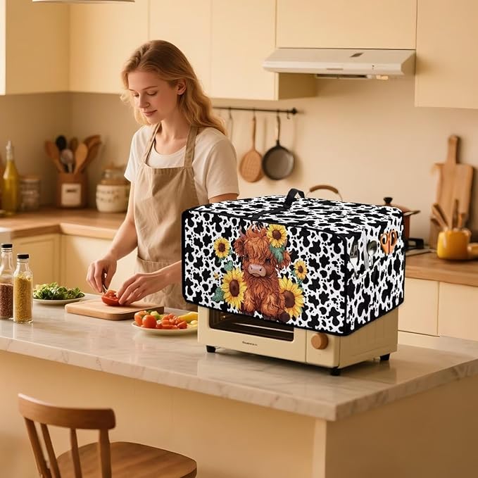 Microwave Oven Cover with Storage Pockets Waterproof Toaster Oven Dust Cover Universal Kitchen Appliance Protector, Cartoon Highland Cattle Sunflower Cow Print, S