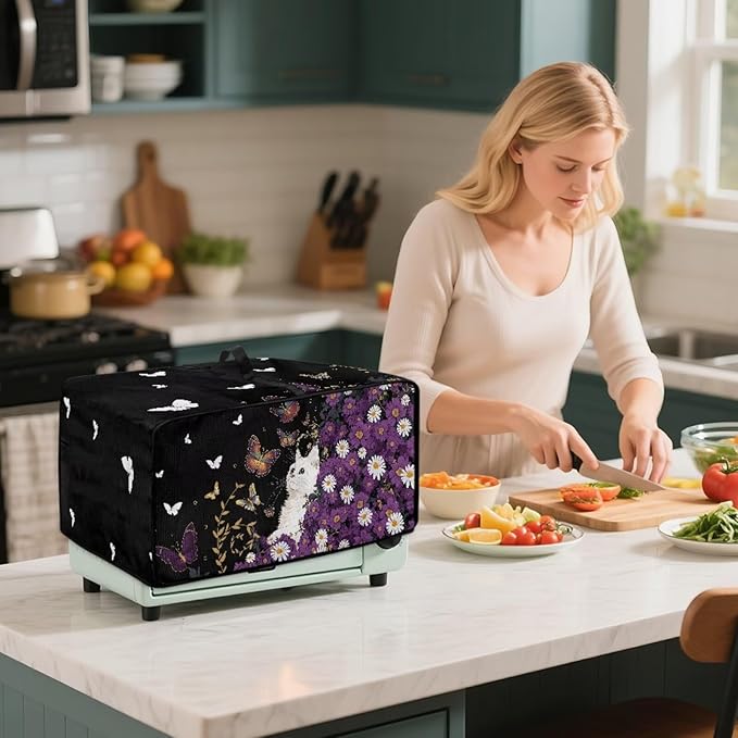 Toaster Oven Cover with Side Pockets, Dustproof Smart Microwave Convection Oven Cover with Handle, for Kitchen Decor, M, 16.5" x 20.5" x 10", White Cat Violet Daisy Butterfly Black
