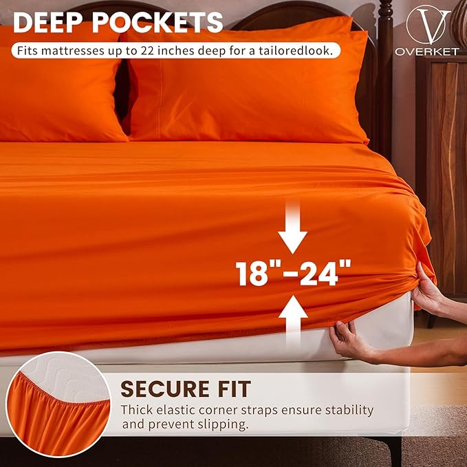 100% Linen Sheet Set King Size Extra Deep Pocket Fits 18-24 Inch Mattress, Breathable & Soft, Smooth 4-Piece Set for Thick Mattresses Hotel Luxury Bedding（King, Orange）