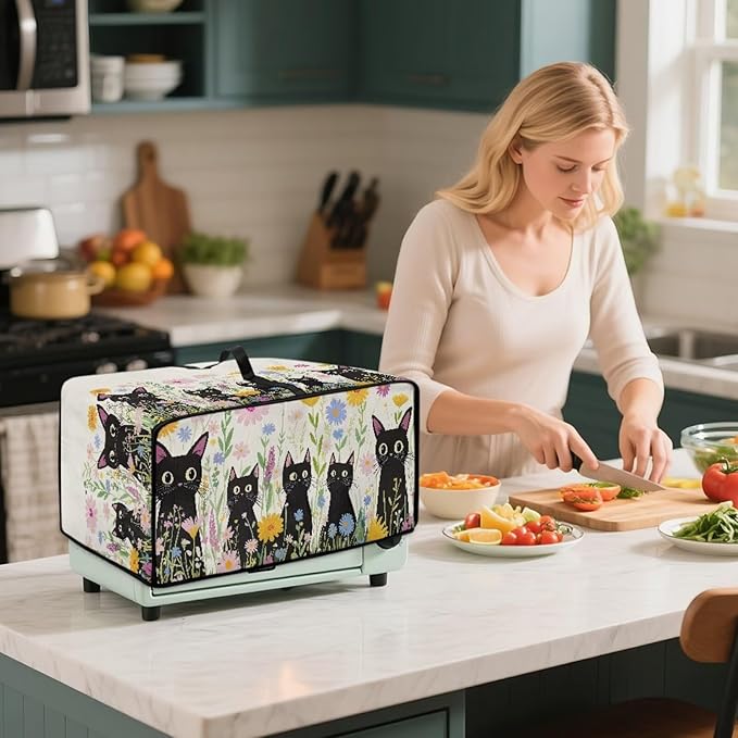 Countertop Microwave Oven Cover with Side Pockets, Dust Protection Small Appliance Toaster Ovens Dust Cover, L, 18.5 x 22.5 x 13 Inches, Cartoon Black Cat Daisy Flower