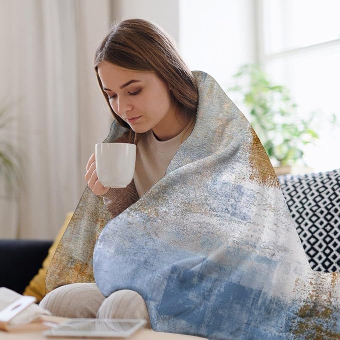 Abstract Gradient Blanket, Modern Fashion Art Blue Brown Painting Strokes Pattern Soft Warm Cozy Plush Flannel Covers for Livingroom Bedroom Couch Chair Camping Travel Home Decor Tapestry 60x80in