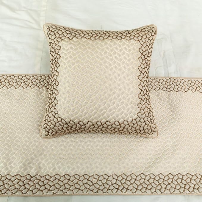 The HomeCentric King/Queen/Twin Ivory & Gold Decorative Full 68"x18" Bed Runner with Pillow Cover, Mosaic & Beaded Bed Scarf on Jacquard Fabric - Tessellation