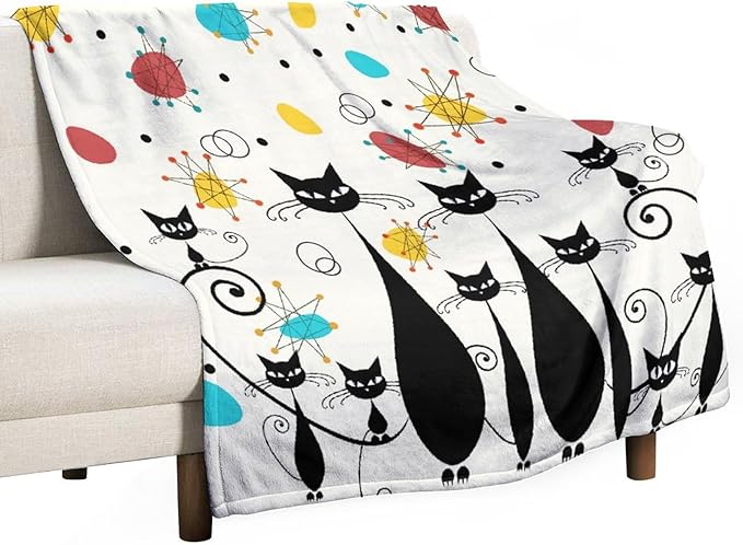 Mid Century Modern Throw Blanket, Atomic Black Cat Starbursts Iconic Sputnik Retro Abstract Geometric 1950s 1960s Throw for Adults Kids Pet, Beige Black 30"x40"