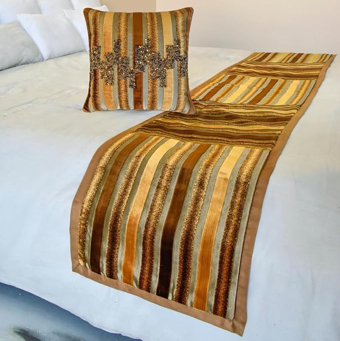 The HomeCentric King/Queen/Twin Gold & Brown Decorative Twin 53"x18" Bed Runner Without Pillow Cover, Striped, Beadwork & Handmade Bed Scarf on Velvet Fabric - Streamlined