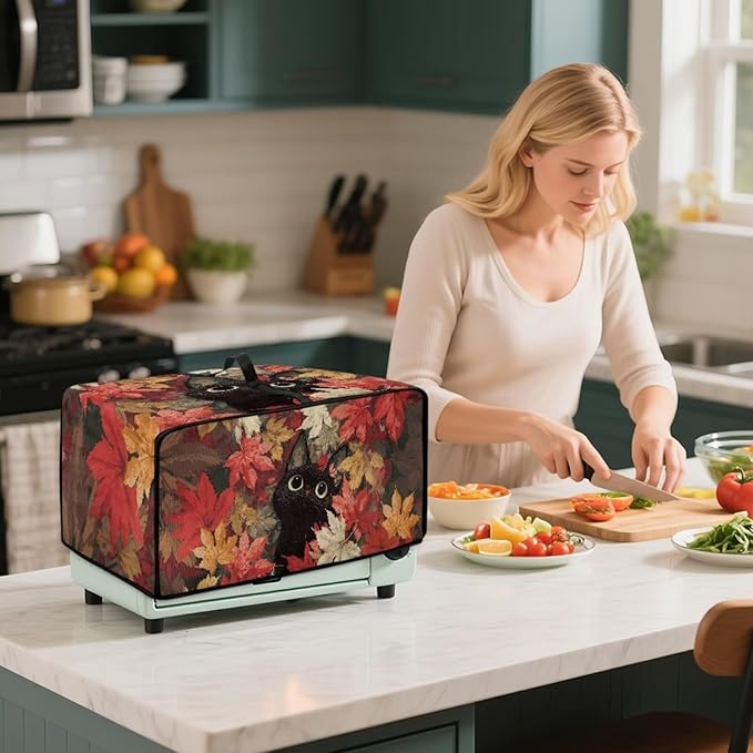 Cat Maple Leaf Print Toaster Oven Dust Cover with Storage Pockets Autumn Decor Dust-Proof Kitchen Appliance Protector for Small Appliances Convection Ovens Fall Decor, M