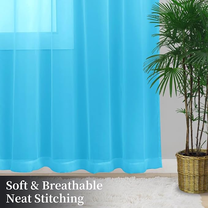 Sheer Curtains 54 Inches Long 2 Panels, Rod Pocket Short Curtain for Kitchen, Bedroom, Cafe Window(Cyan Blue 38" W x 54" L)