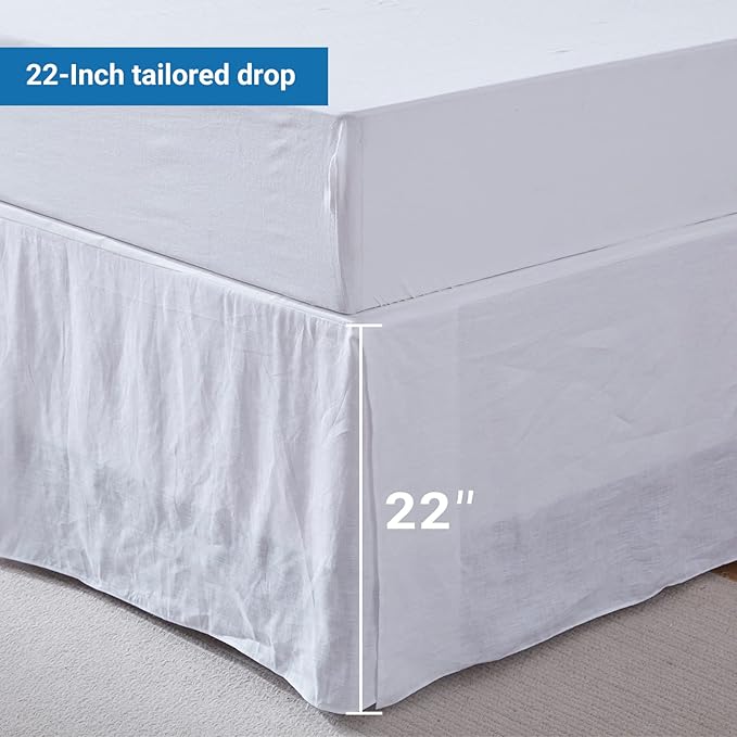 Simple&Opulence Belgian Linen Bed Skirt with Classic 22 inch Tailored Drop Dust Ruffle, Easy Fit Breathable Premium Natural Flax - Basic White, Queen