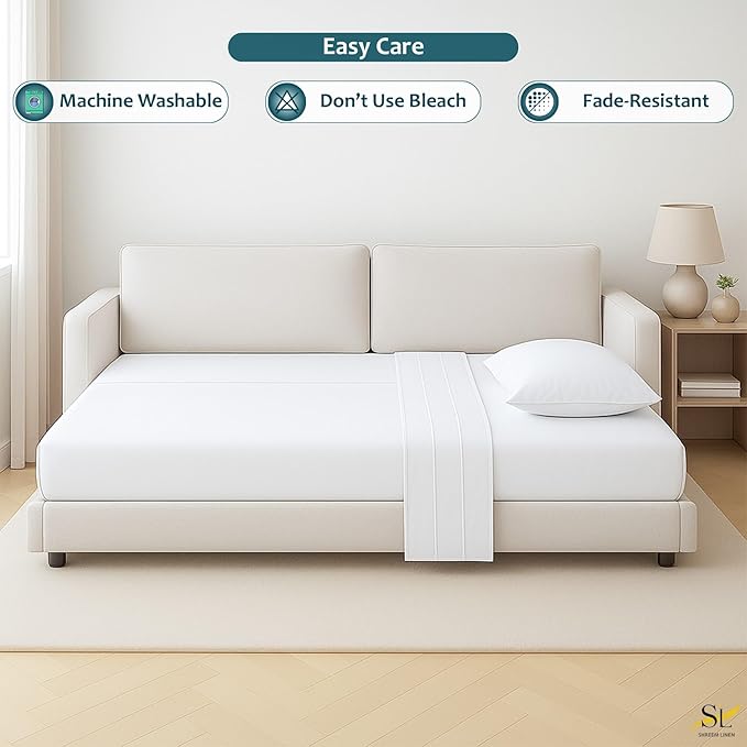 Sleeper Sofa Bed Sheet Set – Full Size, 100% Cotton, 338 Thread Count – 4-Piece Sofa Bed Sheets – Fits Mattresses Up to 6” Deep – Soft & Durable Pull-Out Couch Sheets (White Solid)