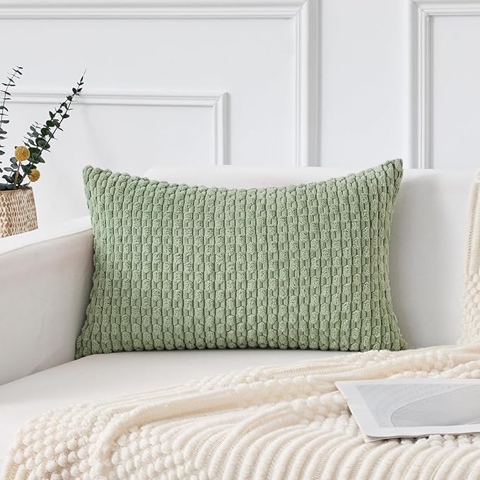 Kevin Textile 14x24 Inch Pillow Cover 1 Pack Boho Decorative Soft Striped Corduroy Lumbar Farmhouse Solid Color Accent Rectangle Cushion Case for Living Room Couch Sofa Bed, Sage Green