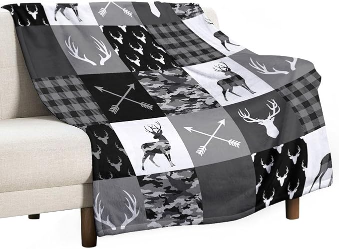 Rustic Cabin Throw Blanket, Farmhouse Grey Camouflage Deer Vintage Country Hunting Wildlife Blanket Throw for Bed Camping Travel Living Room Bedroom, 40"x50"
