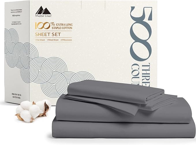Mayfair Linen 100% Cotton Bed Sheets Full Sheet Set - 500 Thread Count Sheets Full Size 4 PC Set (Dark Grey), Soft, Cooling, Hotel-Quality 16" Deep Pocket Sateen Cotton Bedsheet for Hot Sleepers