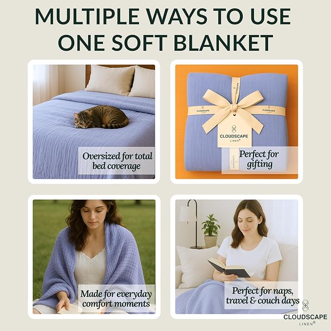 Cloud Scape Linen Oversized 4 Layer Muslin Blanket Queen Size - 100% Cotton, Lightweight & Breathable All Season Gauze, Pre-Washed, fits Full Bed, 92x92, Lavender Blue