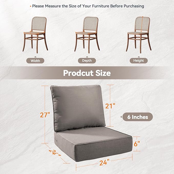 Luxury 6" Outdoor Cushions for Patio Furniture, 24x24x6" Thick Seat Cushion Set of 3, Fade Resistant Couch Chair Replacement Cushions High Density Deep Wicker Chair Cushion w/ Removable Cover Gray
