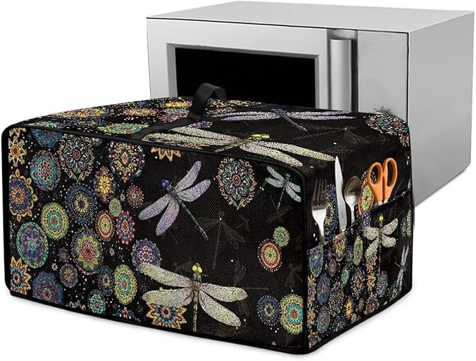 Boho Mandala Dragonfly Print Toaster Oven Cover Dust-Proof Microwave Oven Cloth Cover with Storage Pockets Waterproof Kitchen Machine Covers Case Protections Protector, L