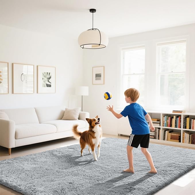 Fluffy Rug Shaggy Area Rug, Grey 9x12 Area Rugs for Living Room, Large Shag Area Rugs for Bedroom Kids Room Home Decor, Upgrade Anti-Skid Rectangular Fuzzy Rugs
