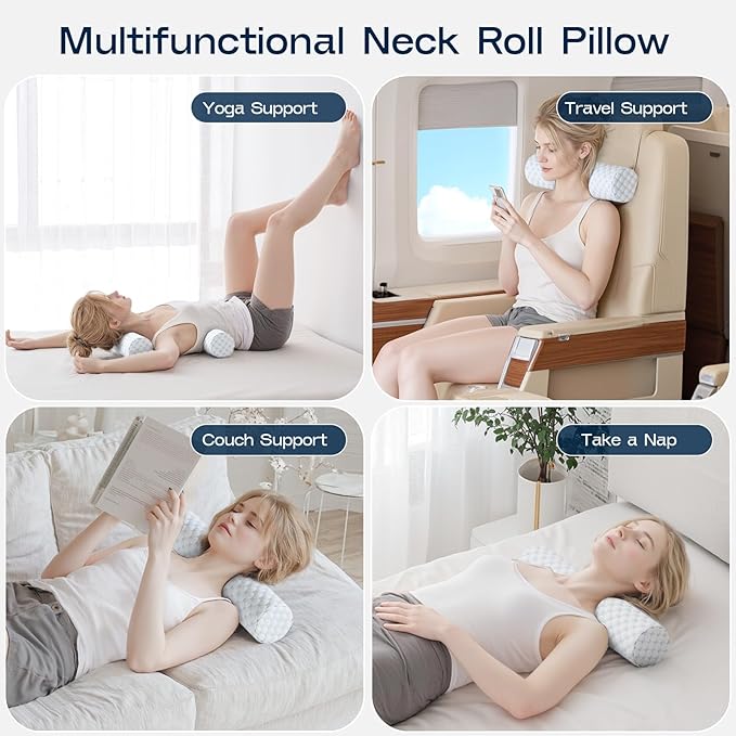 Neck Roll Pillow, Memory Foam Neck Support Pillows, Round Neck Pillows, Cylinder Bolster Pillows for Bed, Couch, and Yoga, Removable Washable Cover,18 * 4.1 * 4.1inch (Cool-Blue)