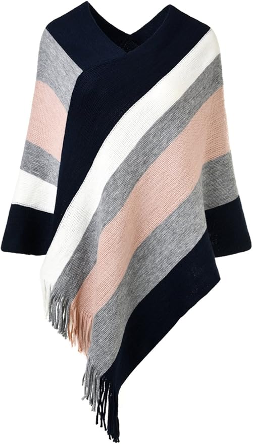 Ferand Women's Striped Poncho Sweater Cozy Knit Fringe Shawl Wraps for Fall Winter