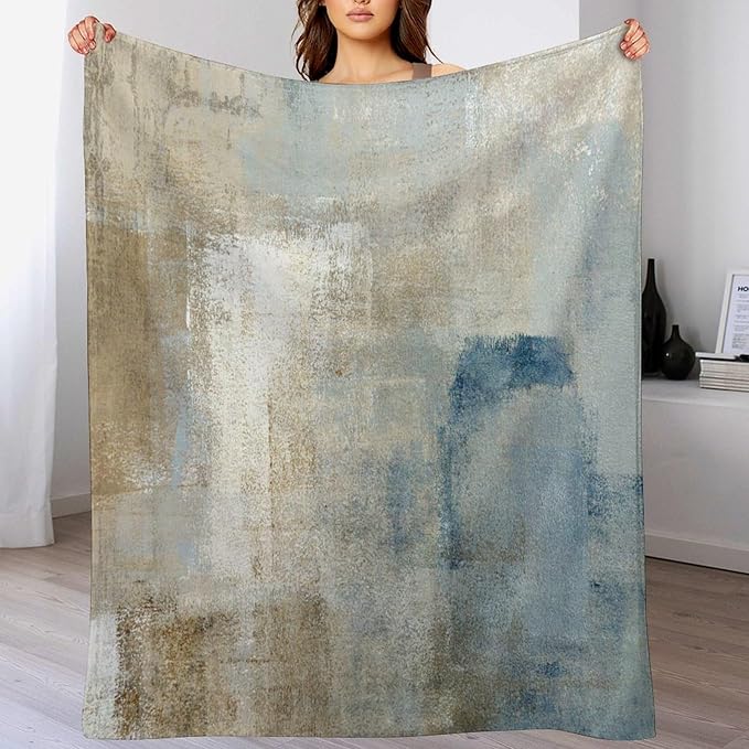 Abstract Gradient Blanket, Modern Fashion Art Blue Grey Brown Painting Strokes Pattern Soft Warm Cozy Plush Flannel Covers for Livingroom Bedroom Couch Chair Camping Travel Home Decor Tapestry 60x80in